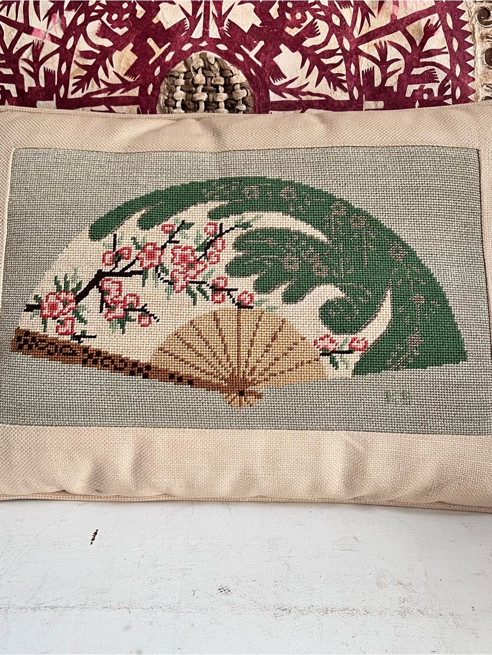 Vintage needlepoint pillow Japanese fan cherry blossom motif